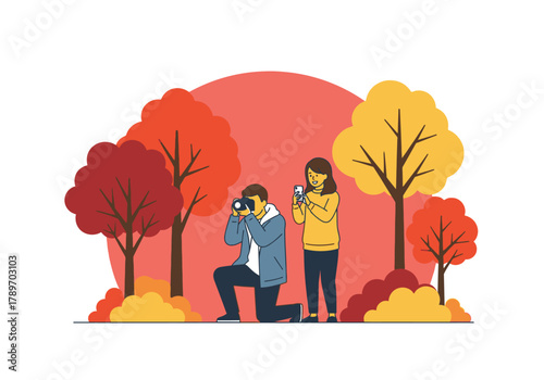 A flat minimalist vector illustration of a couple taking photos among colorful fall trees, autumn photography theme.