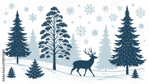 Majestic deer silhouette walks through a snowy forest scene with pine trees and falling snowflakes
