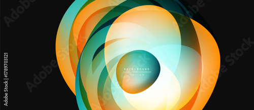 Abstract colorful swirls create dynamic circular design. Bright hues blend, forming modern background element. Smooth gradients enhance visual appeal.