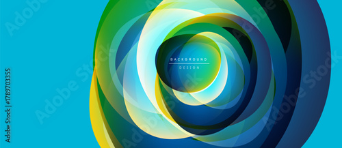 Abstract circular layers create vibrant visual effect. Blue, green, yellow hues blend seamlessly, forming dynamic composition. Modern design element.