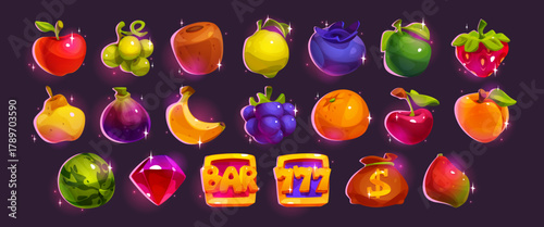 Casino slot machine match game fruit ui icon set