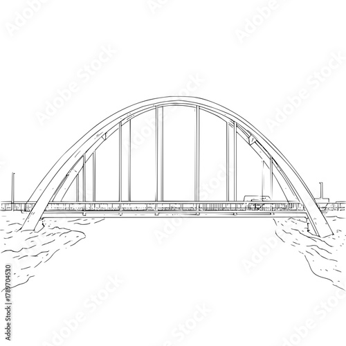 Arch bridge drawing illustration engineering architecture design structure transportation river span crossing urban