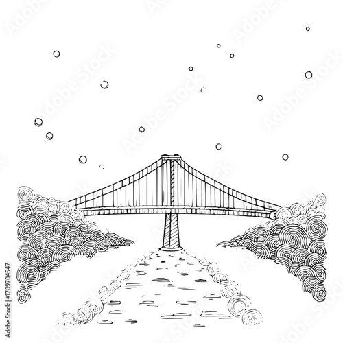 Hand drawn bridge illustration with river and sky landscape scenic view vector graphic design artwork