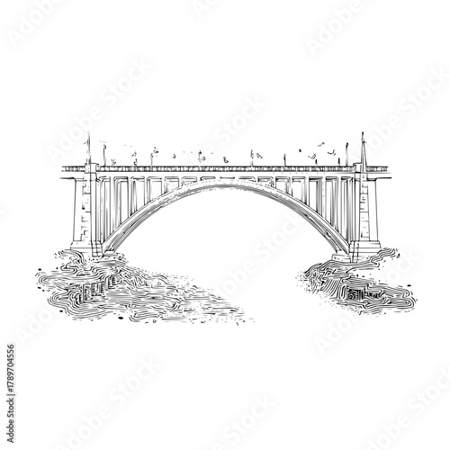 Detailed line art illustration of a bridge over water for architecture and travel enthusiasts to admire and study