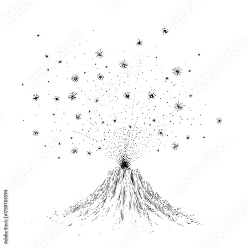 Volcano eruption illustration black and white drawing mountain nature landscape scenic art design graphic drawing