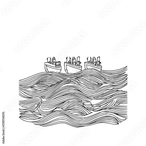 Three ships sailing on wavy ocean water line art illustration for nautical theme and sea travel design