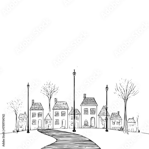 Black and white village illustration drawing of houses street lamps and trees in a peaceful neighborhood scene