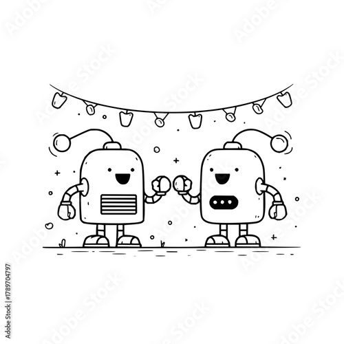 Cute robot friends high five vector illustration for technology and friendship design projects and concepts