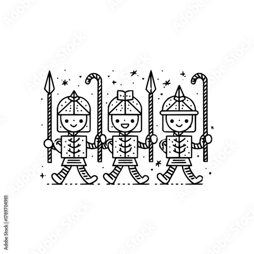 Illustration of cute toy soldiers marching with spears and candy canes in black and white line art style