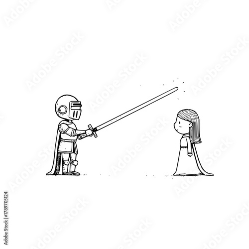 Cartoon knight with sword dubbing a princess illustration vector art black and white graphic design image