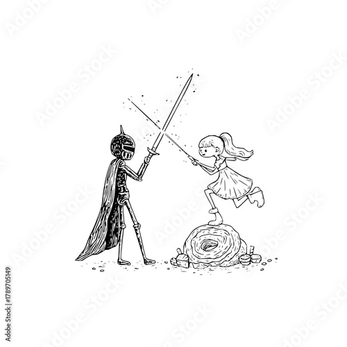 Girl knight sword fight illustration drawing vector art fantasy battle scene adventure story book character design