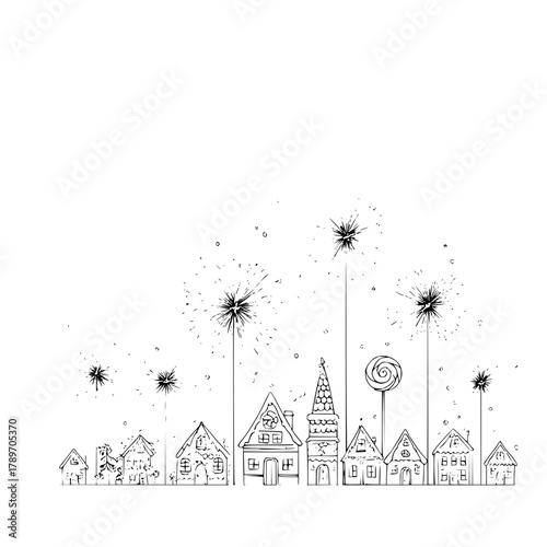 Hand drawn winter village christmas town landscape with dandelions and lollipop vector illustration art design