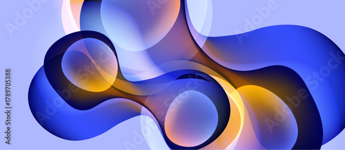 Abstract fluid shapes overlap, creating vibrant color blends. Blue, orange, purple hues dominate soft lavender background. Smooth gradients define forms.