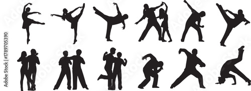 Silhouette of dancers performing various dance poses and movements including ballet, contemporary, hip hop, and couple dancing on white background