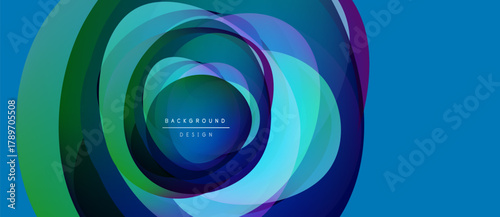Abstract layered circles create dynamic visual effect. Blue, green hues dominate composition. Text reads background design. Modern, vibrant.