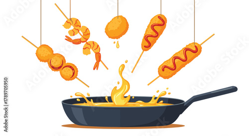 Collection of fried food items like corn dogs, shrimp and meatballs being prepared in hot oil.