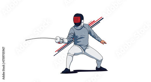 Fencer in action with sword and protective gear on white background.