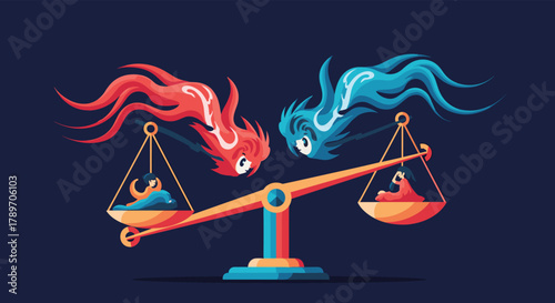 Balance scales with red and blue elemental spirits and human figures representing a cosmic balance.