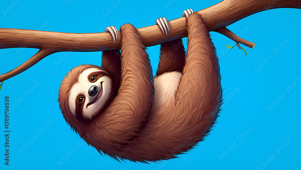 Naklejka premium Happy Sloth Hanging on a Branch Illustration, Generative AI