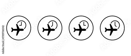 Airplane time icon in circular outline. Flight and clock symbol. Travel schedule and departure sign