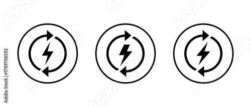 Energy refresh icon in circle line. Lightning bolt with circular arrow symbol. Power recharge and electricity sign