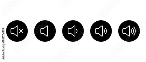 Volume level icon in black circle. Speaker with sound waves symbol. Audio mute, low, medium, and high sign