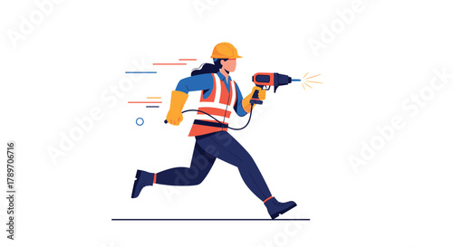 A construction worker with a drill runs across a white background with abstract lines.