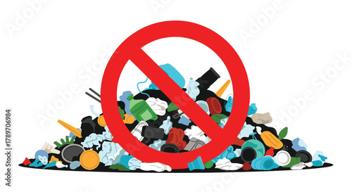 Pile of trash with a red prohibition sign indicating no dumping or littering.