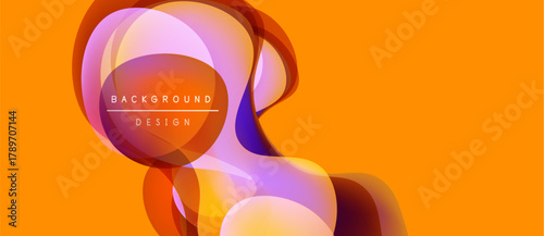 Abstract shapes overlap, creating vibrant color gradients. Orange background complements purple, pink hues. Modern design element.