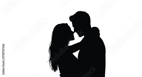 Silhouette of a couple embracing and looking at each other affectionately with their foreheads touching.