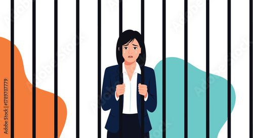 Sad businesswoman crying behind bars in a jail cell with abstract shapes on the sides.