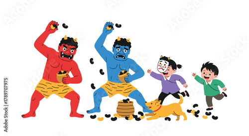 Oni demons and children playing Setsubun with beans for good luck.