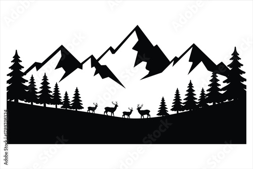 Mountain Range Deer Silhouette Scene