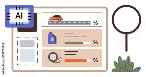 Car dashboard displaying oil levels, tire pressure, and performance metrics powered by AI technology. Ideal for automotive analytics, technology, diagnostics, sustainability, efficiency, innovation