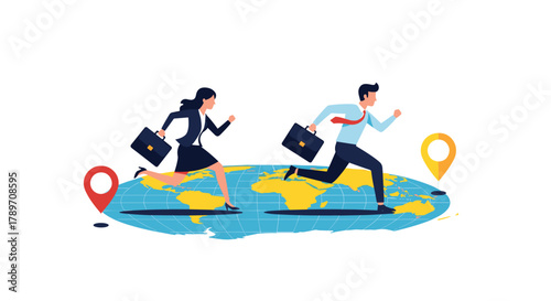 Business people running across the world map with location pins marking destinations for business travel.