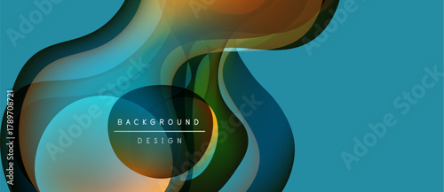 Abstract flowing shapes, vibrant colors, modern design. Teal background complements orange, green, blue layers. Minimalist text overlay present.