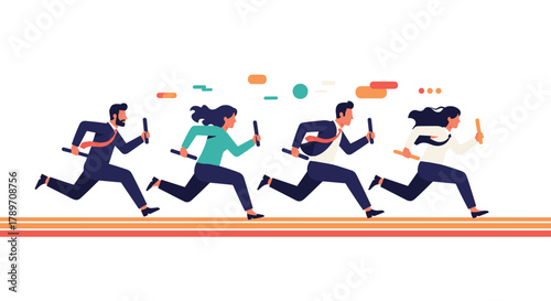 Business professionals in a relay race passing batons on a track, symbolizing teamwork and competition.