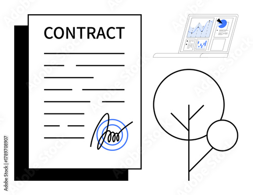 Large signed contract with blue accent, analytics displayed on laptop, and abstract tree design. Ideal for business, legal agreement, analytics, sustainability, innovation, strategy simple flat