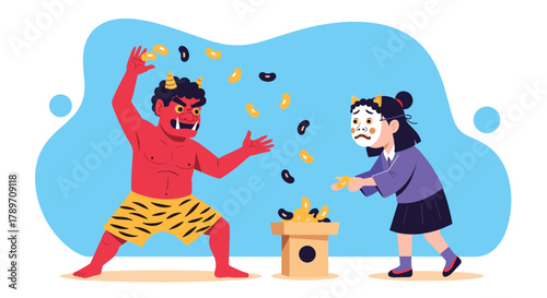 Illustration of Setsubun festival tradition where people throw beans at a demon to drive away evil spirits.