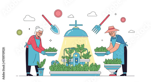 Elderly couple tending to their futuristic indoor garden with hydroponic systems.
