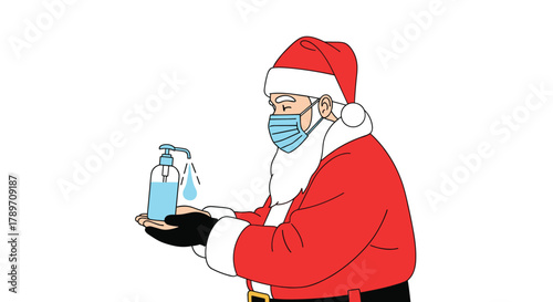 Santa Claus wearing a face mask and using hand sanitizer to stay safe.