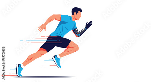Athlete with a prosthetic arm running with speed lines indicating motion and progress.