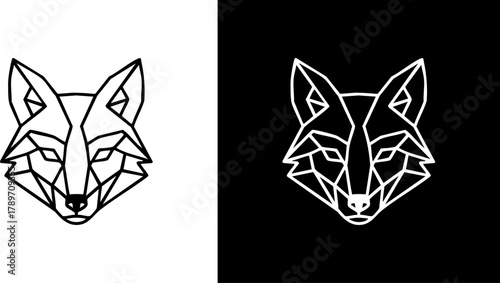 Logo Modern geometric fox head in minimalist line art, ideal for branding or emblems. Abstract wildlife icon with sharp, angular lines on contrasting backgrounds, embodying clever elegance
