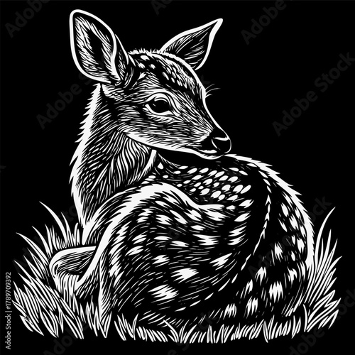 A detailed pen and ink illustration of a young deer, set against a stark, black background. The deer is depicted in a resting pose, its body curled up, and its head turned towards the viewer in a thre