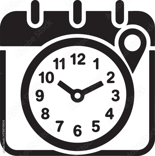 Vector calendar icon featuring an analog clock and map pin symbol for event planning and scheduling