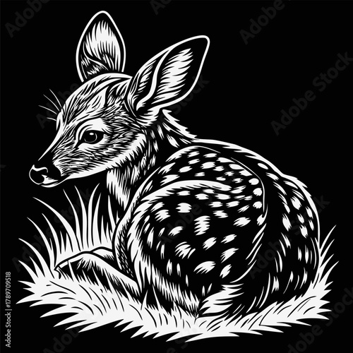A detailed pen and ink illustration of a young deer, set against a stark, black background. The deer is depicted in a resting pose, its body curled up, and its head turned towards the viewer in a thre