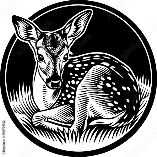A detailed pen and ink illustration of a young deer, set against a stark, black background. The deer is depicted in a resting pose, its body curled up, and its head turned towards the viewer in a thre