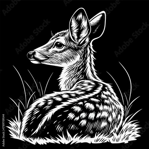 A detailed pen and ink illustration of a young deer, set against a stark, black background. The deer is depicted in a resting pose, its body curled up, and its head turned towards the viewer in a thre