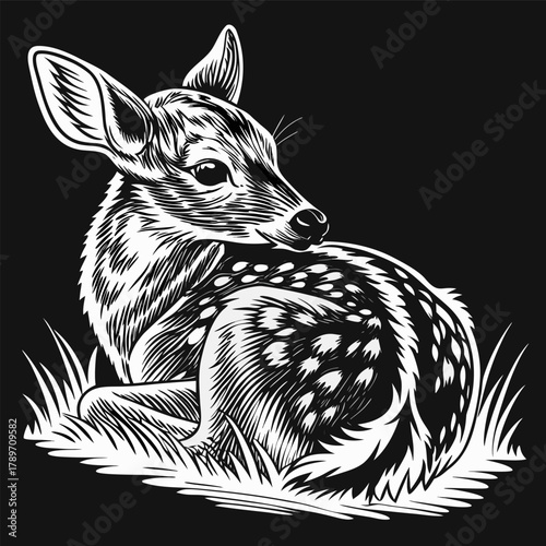 A detailed pen and ink illustration of a young deer, set against a stark, black background. The deer is depicted in a resting pose, its body curled up, and its head turned towards the viewer in a thre