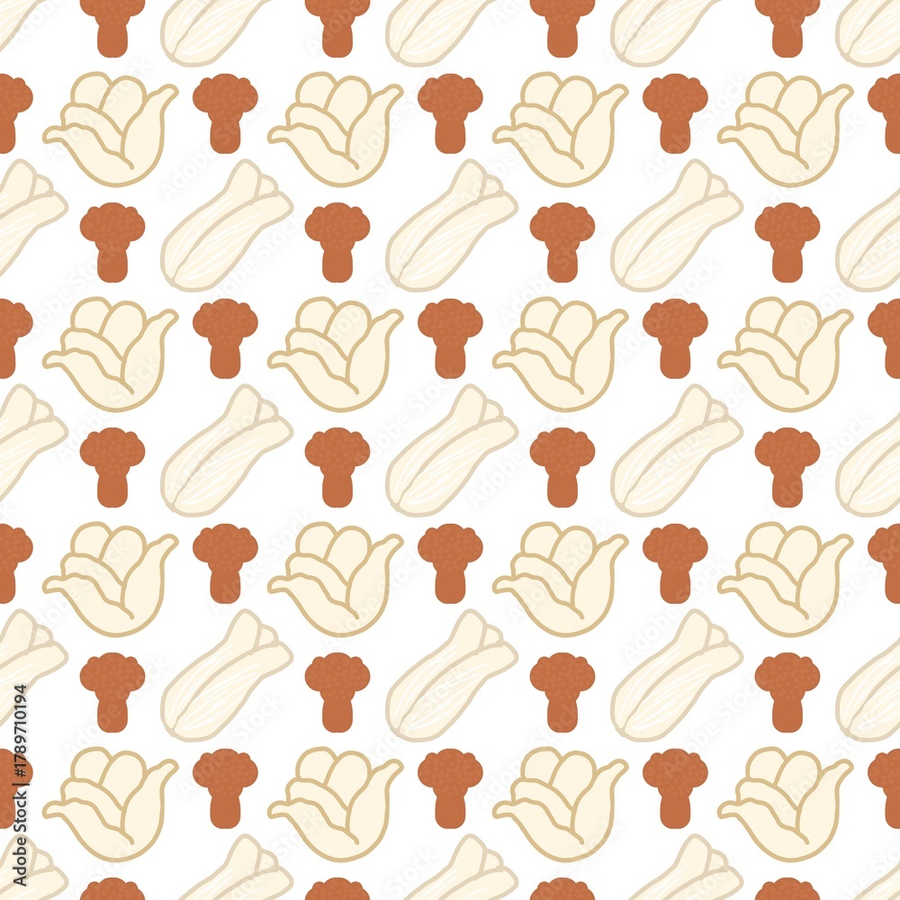Fototapeta premium Soft beige vegetable pattern. Seamless pattern with hand-drawn vegetables including cauliflower, broccoli, and bok choy in soft beige and brown tones on a white background.